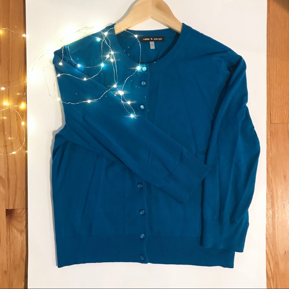 Cable and Gauge Knitted Blue Button-Down Cardigan